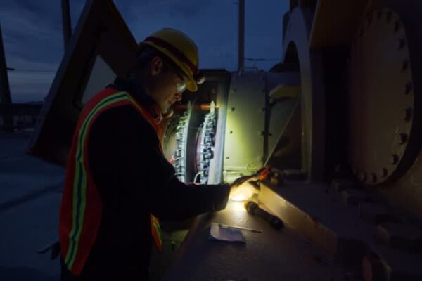 An electrician holds a flashlight to look into a generator at a power plant at night.