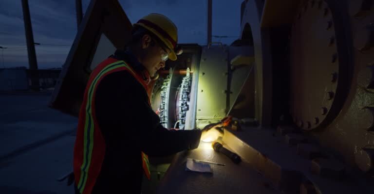 An electrician holds a flashlight to look into a generator at a power plant at night.